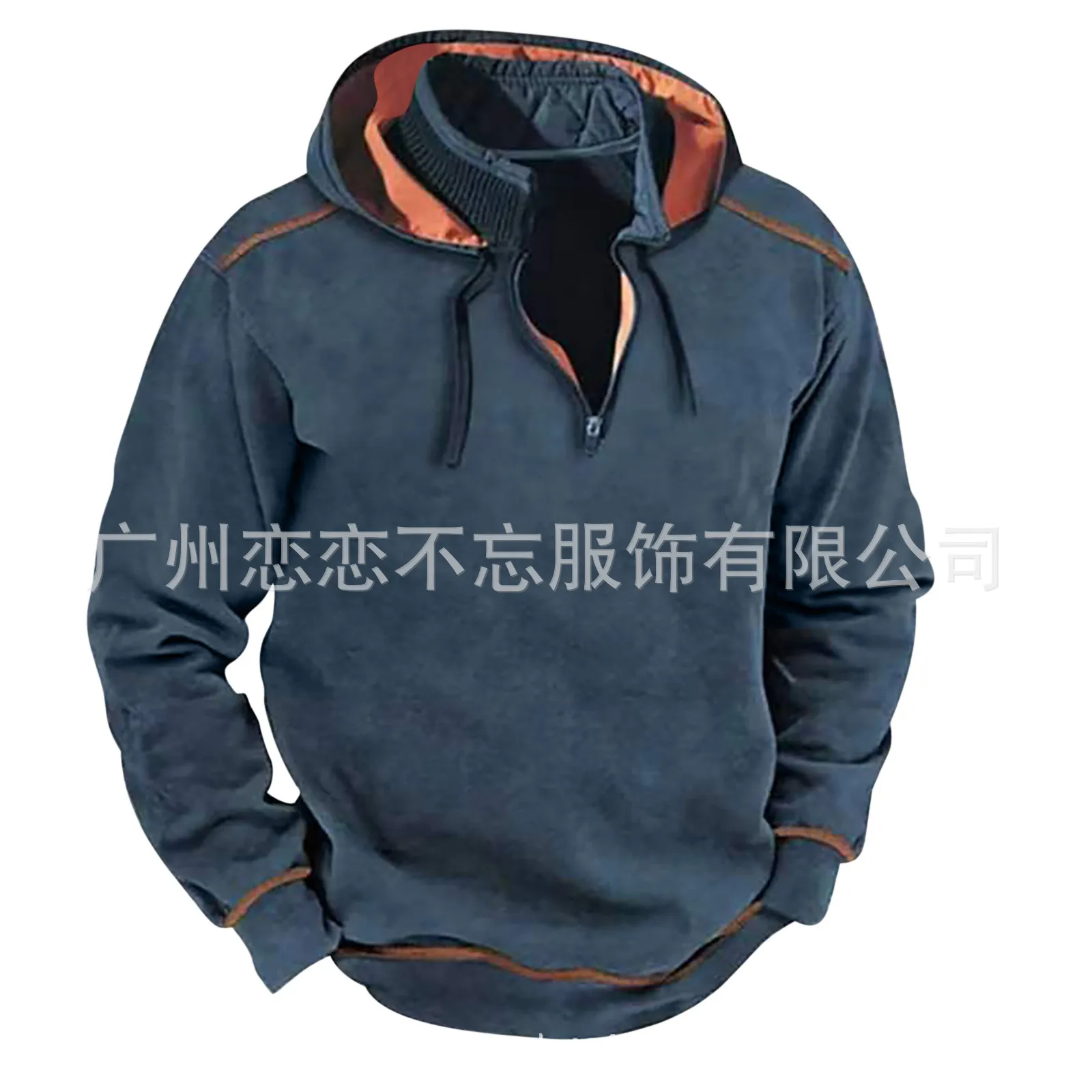 Autumn and Winter New Front Zipper Standing Neck Long Sleeved Contrasting Color Popular Mens Hoodie Street Fashion Set for Men