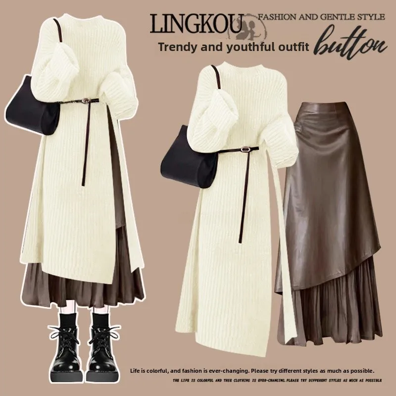 

Женский трикотажный комплект Ele plus Size с высокой талией, облегающая юбка-миди, комплект из двух предметов, винтажный длинный свек, круглый, повседневный...