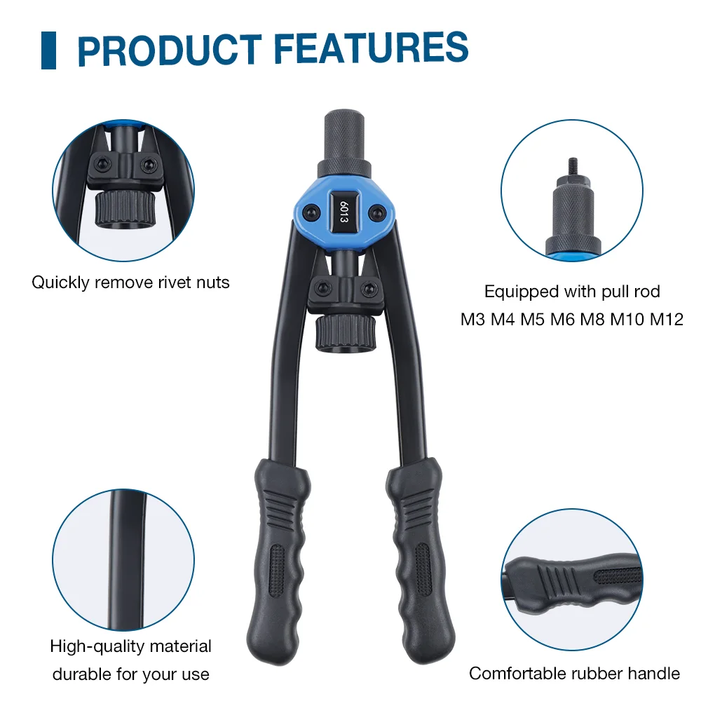 Set di pistole per rivetti manuali, rivettatrice a trazione M3 M4 M5 M6 M8 M10 M12, rivettatrice professionale per uso domestico, strumento per rivetti rapidi fai da te, inclusi 110 rivetti, cassetta degli attrezzi