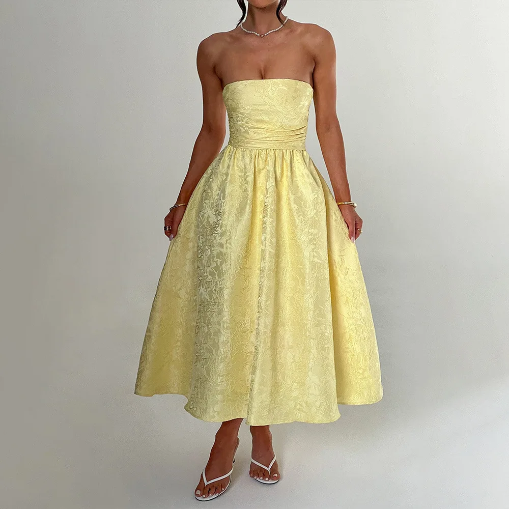 

SKMY 2025 Summer Women Clothing Strapless Off The Shoulder Back Lace-Up Fashion Slim Fit Temperament A-Line Party Dresses