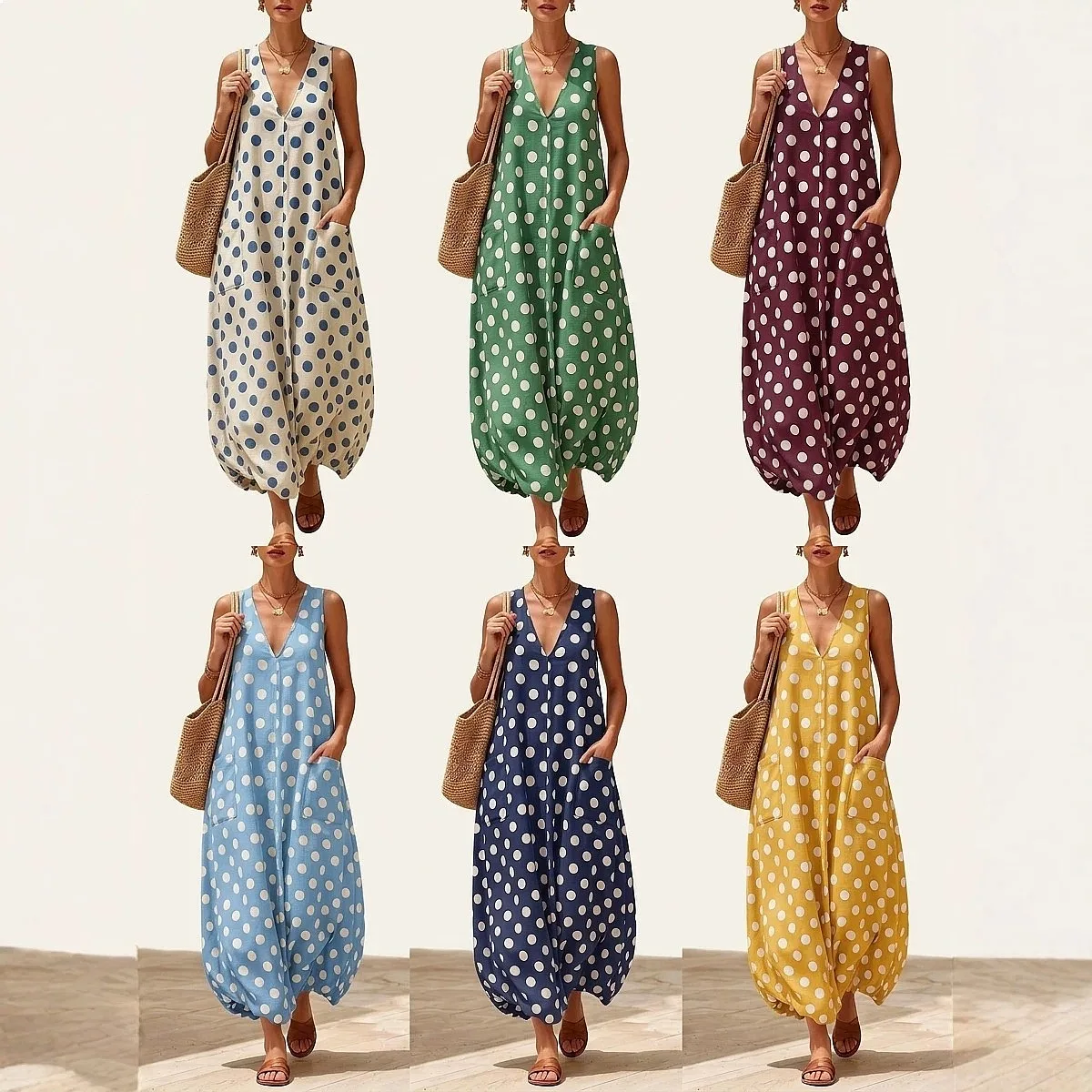 Polka Dot V-Neck Dress,Sleeveless Loose Dresses,Pocket,Bubble Hem Spring Summer