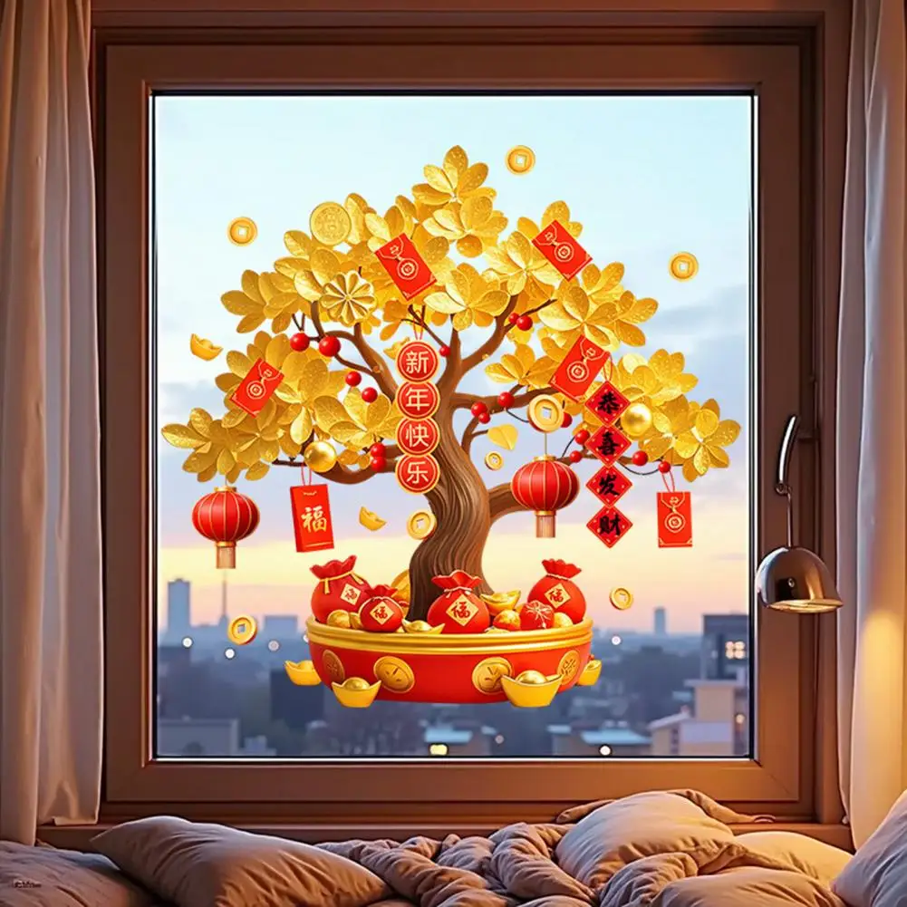 New Year Window Sticker Wealth Tree Electrostatic Non-adhesive Window Decal Smooth Surface PVC Easy Peel-off Wall Sticker