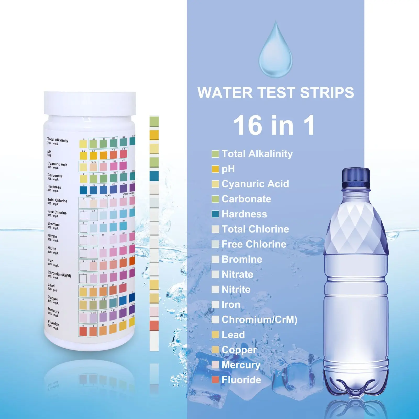 16 in1 Water Testing Kits for Drinking Water 100 PCS  Water Test Strips with Hardness, pH, Lead, Iron, Copper, Chlorine and More