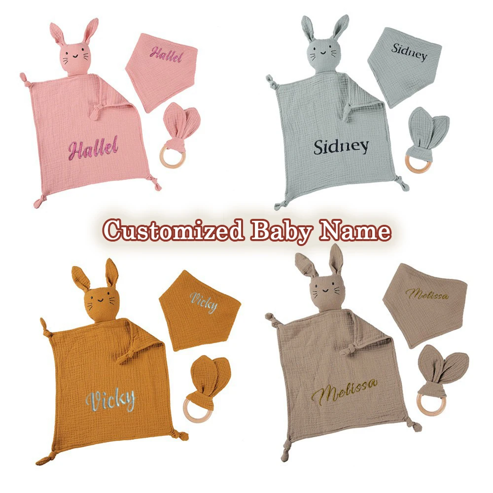 Personalized 3pcs Set Cotton Muslin Baby Bib Rabbit Doll Newborn Appease Towel Security Blanket Baby Sleeping Cuddling Towel Kid