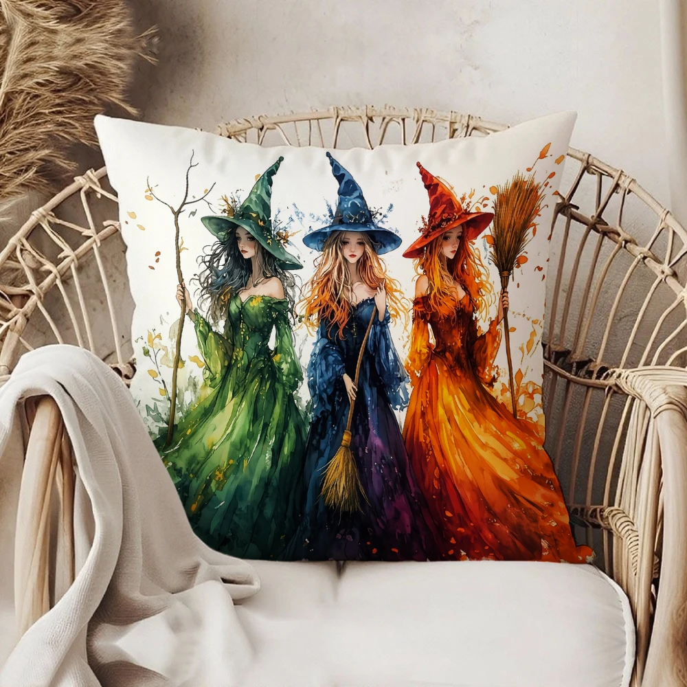 Square Throw Pillow Case Multicolor Three Witches In Green Blue And Orange Dresses With Brooms And Branches Art Print For Hallow