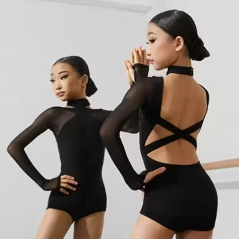 Top de baile latino negro con almohadillas para el pecho - Tops cortos de salsa y cha cha para mujeres jóvenes, mono de baile latino para niños