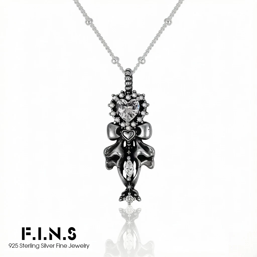 fins-original-vintage-heart-shaped-bow-key-necklace-for-women-s925-sterling-silver-retro-dark-punk-clavicle-chain-pendants