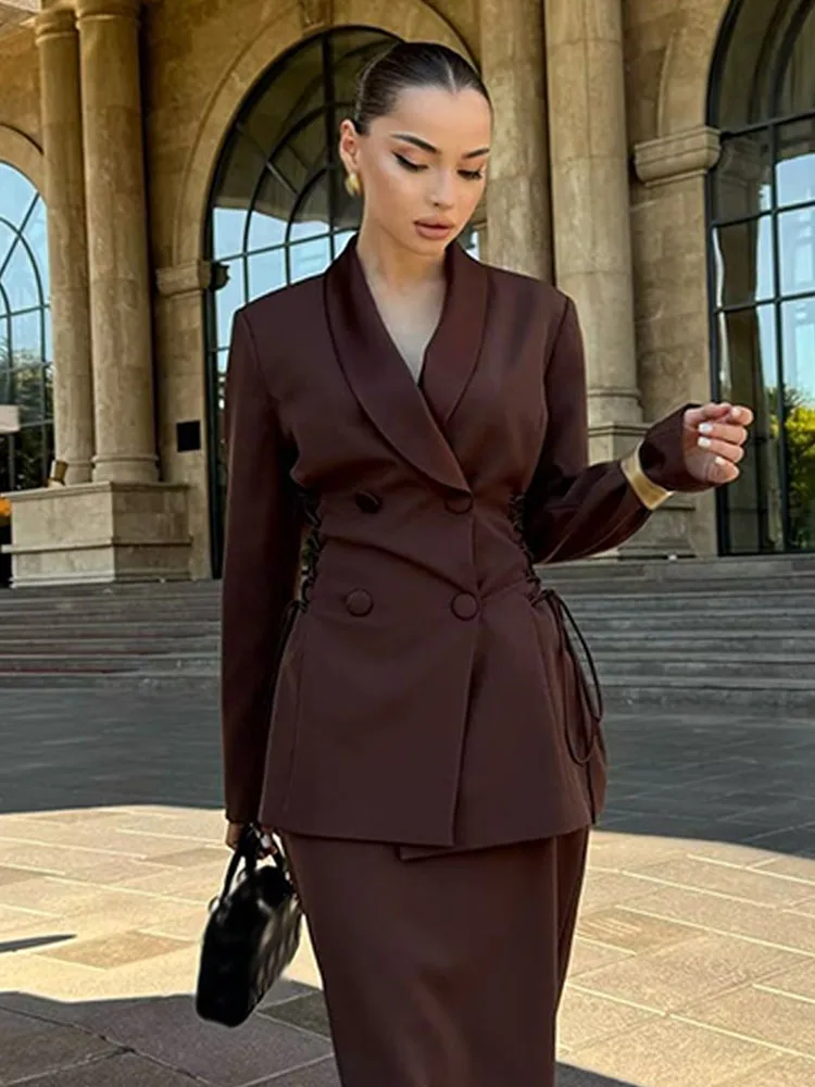 

Модные женские повседневные пальто с отложным воротником, длинными рукавами, декором на шнуровке, двубортные, осенние, стильные куртки