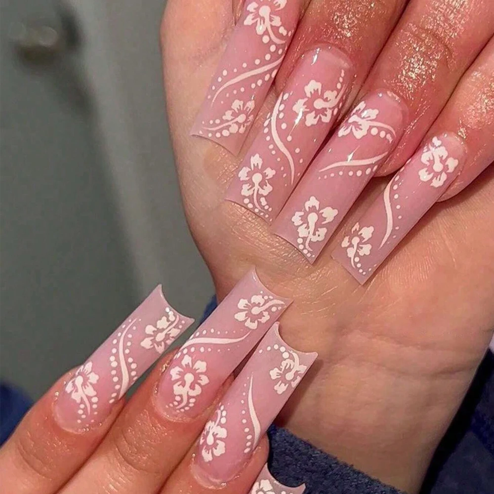 ARTAUG 24PCS Elevate Your Style With Long Coffin Pink Press On Nails Flash Sakura Cherry Blossom Nails Ballerina Girl Style Nail