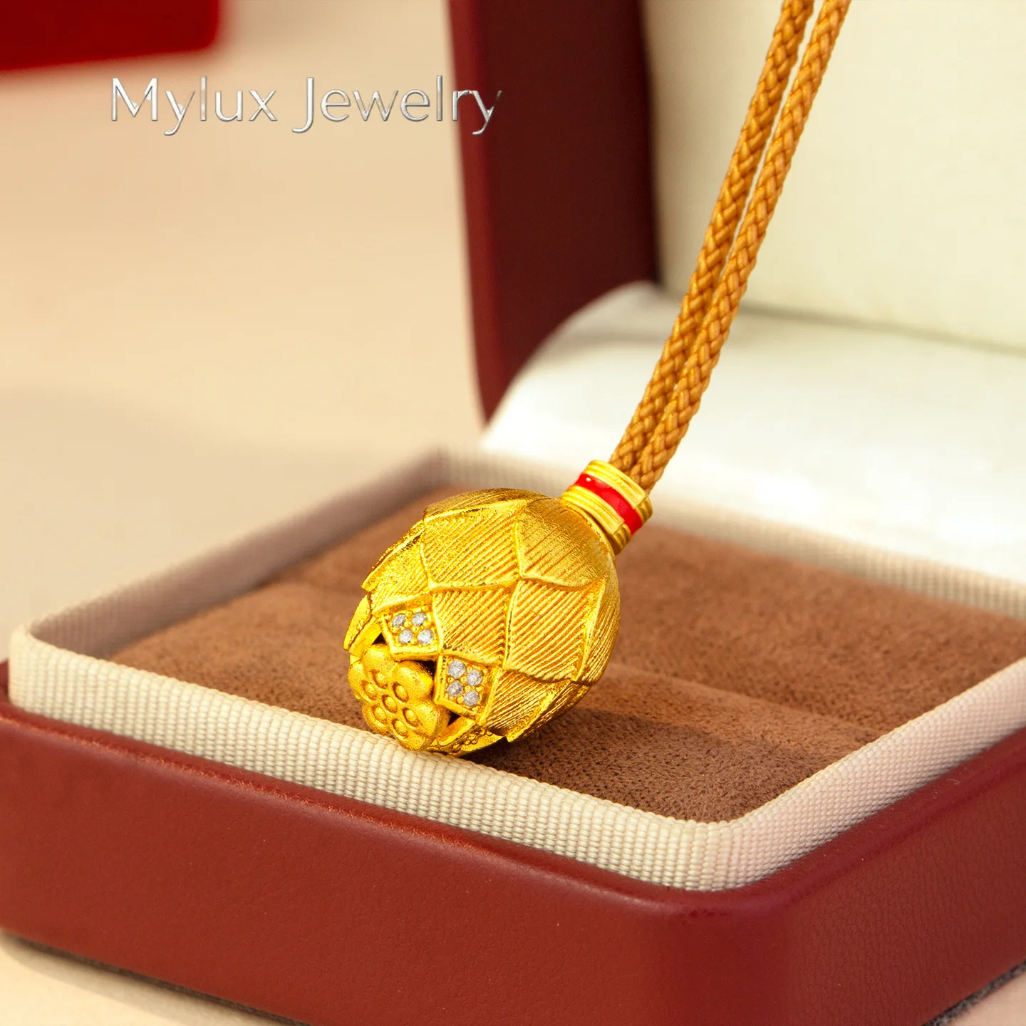 Mylux Jewelry New ancient method 9999 24K real gold point diamond lotus pendant niche design exquisite brushed rope necklace