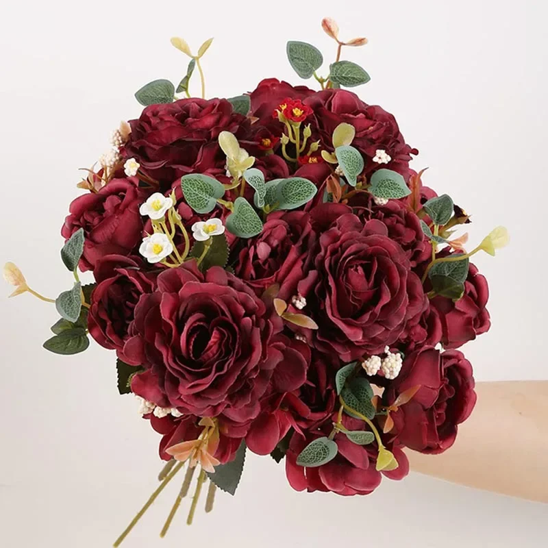 Peonies Artificial Flower Burgundy Silk Rose Bouquet Hydrangea Peony Vintage Wedding Bride Bouquet Fake Flower Home Decoration