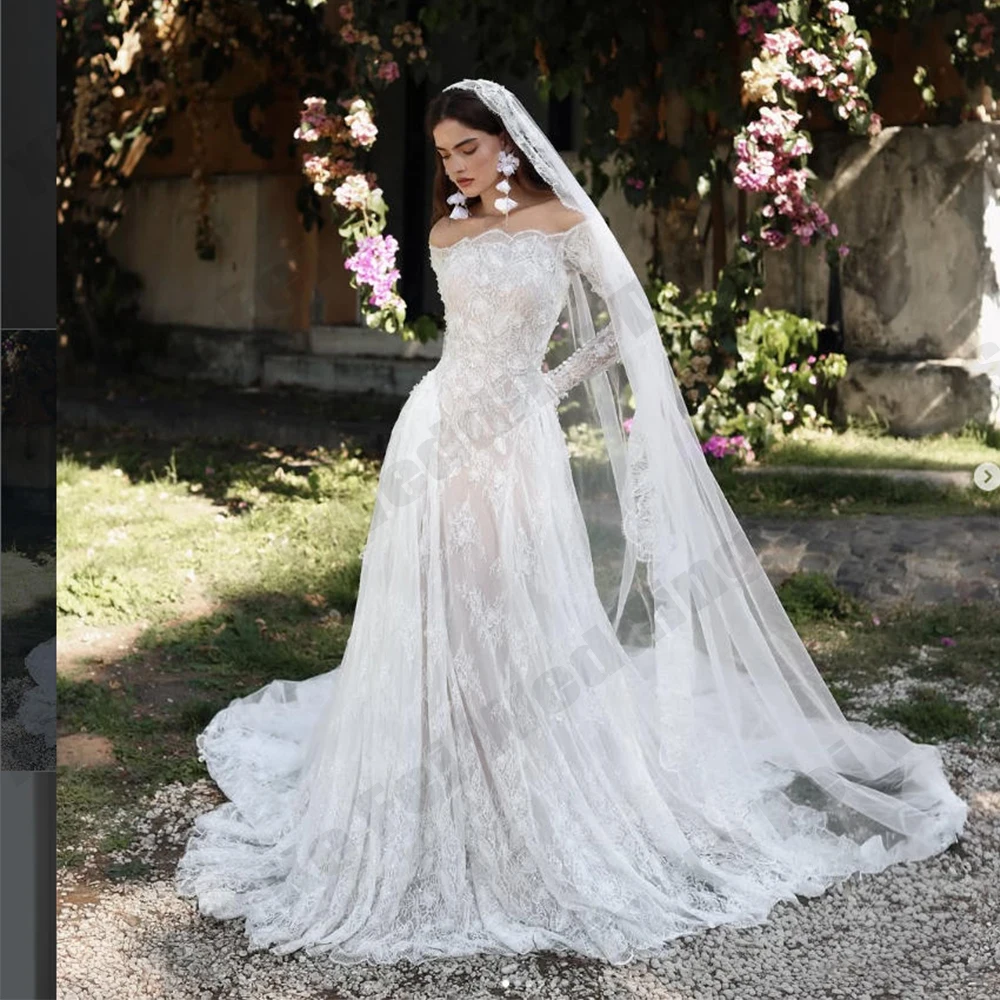 Elegant Women's Bridal Gowns Lace Gorgeous Long Sleeve A-line Princess Ball Wedding Dress Formal Party Customized robe de mariée