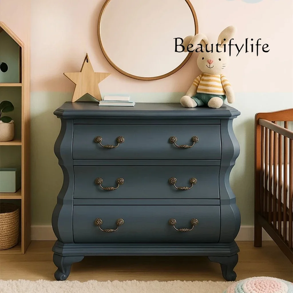 

u ZY French Retro Solid Wood Three-pump Bedside Table American Modern Simple Bedroom Storage Cabinet Furniture Customization