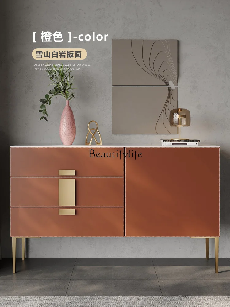 Italian-Style Light Luxury Saddle Leather Stone Plate Sideboard Cabinet Modern Minimalist Wall-Mounted Solid Wood