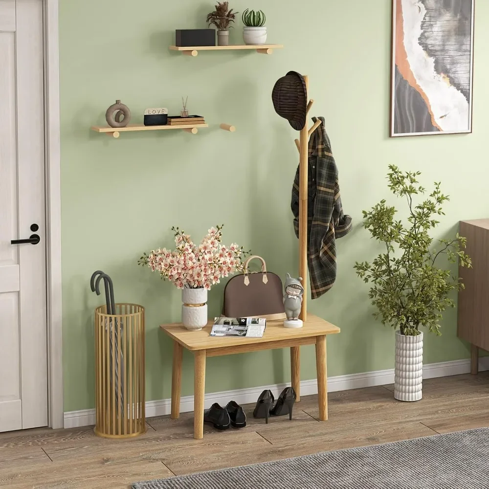 

Solid Wood Coat Tree with 2-in-1 Side Table & 4 Hooks Coat Rack with End Table, for Hats, Bags & Coats