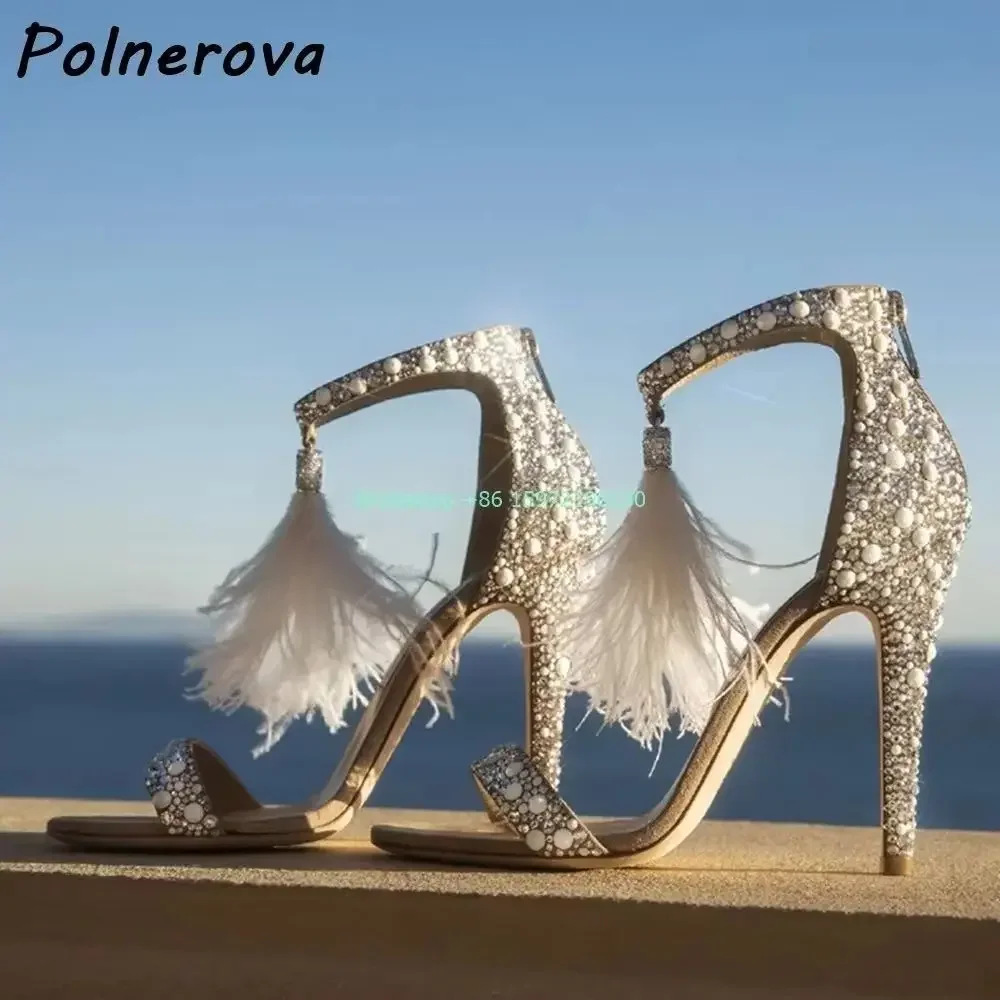 Crystal Feather Nude Sandals Fringe Straight Strap Thin Heels Zipper Shoes Ladies Wedding Elegant Luxury Stiletto Shoes