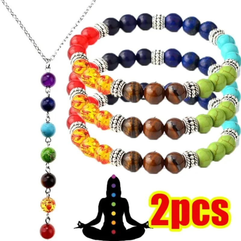 7 Chakra Reiki Bead Pendant Necklace Yoga Energy Jewelry Healing Balance Natural Stone Choker Bracelet Jewelry Set for Women Men