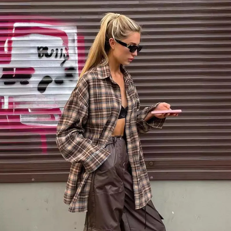 レトロチェック柄ロングシャツ レディース ルーズベースレイヤーシャツ 春 クロスボーダーデザインセンス 暖かさ 快適 ポリエステル