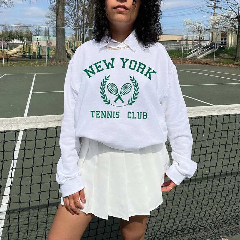 Spring New Arrival New York Tennis Club Women Casual Sweatshirts Long Sleeve Loose Thin Cotton Crewneck Pullover Retro Jumpers