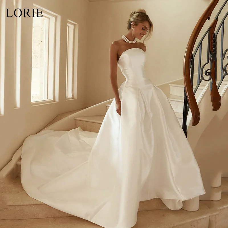 LORIE Elegant Satin Strapless Wedding Dresses A-Line Sleeveless Bride Prom Gown Ivory Pleated Bridal Gowns Customized