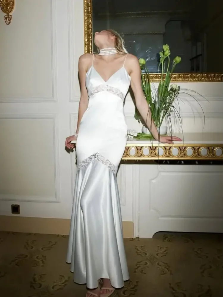 Women Elegant Satin Fishtail Sling Maxi Dress Chic Lace Patchwork Backless V-neck Sleeveless Slim Gowns 2025 Evening Party Robes