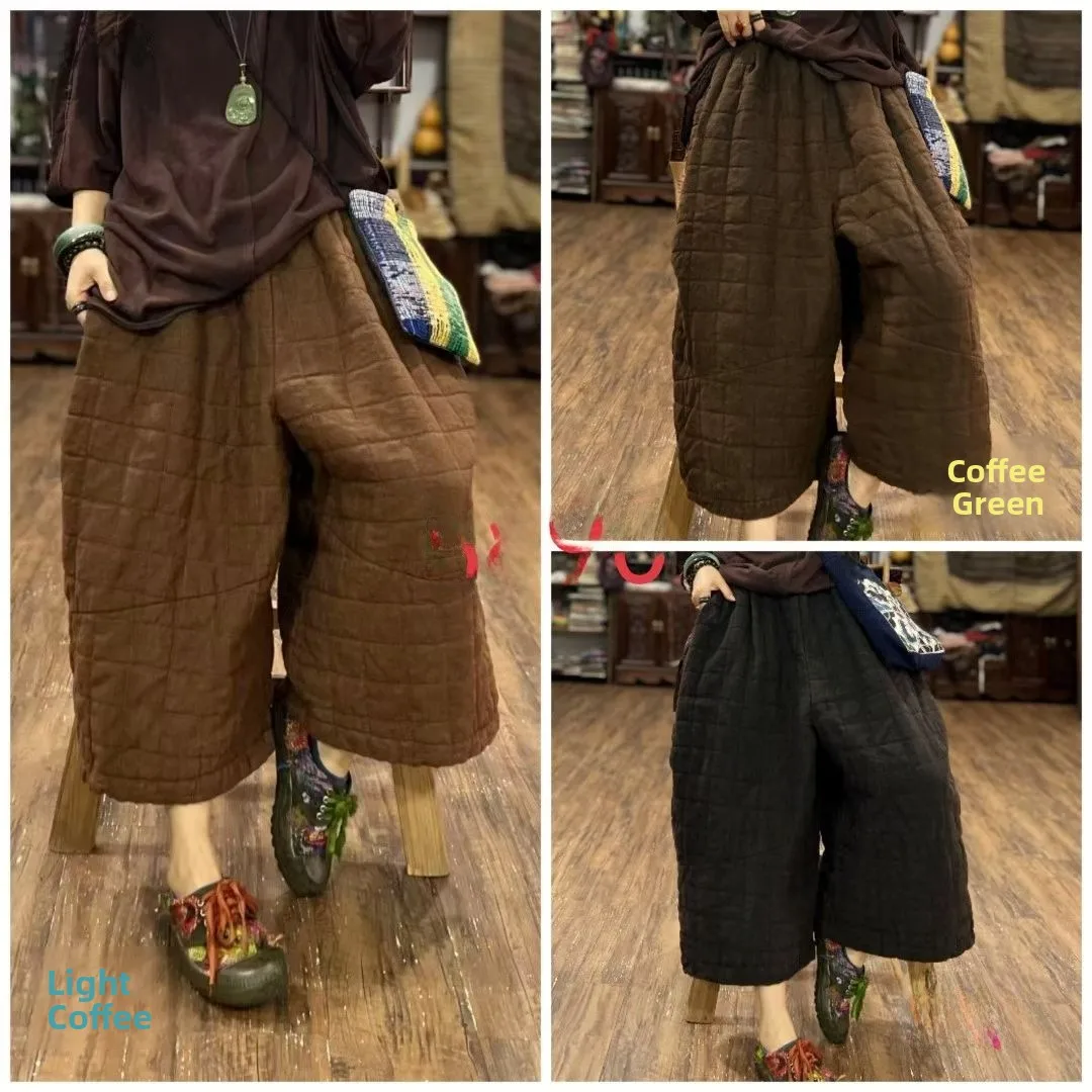 

Брюки женские с высокой талией, свободного кроя, из хлопка и льна, с узором, плотные, осенне-зимние