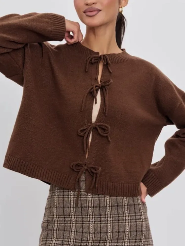 

Осень-зима, повседневный свободный кардиган на шнуровке, однотонный вязаный свитер, женский универсальный топ с круглым вырезом и длинными рукавами для поездок на работу