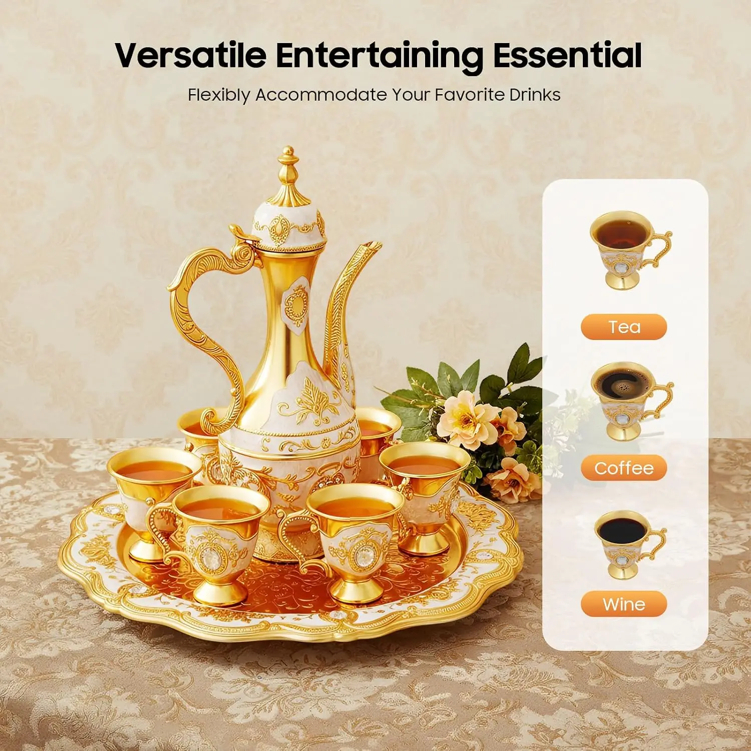 Vintage Turkish Coffee Cups Set with Pot and 6 Cups, Turkish Tea Set, Turkish Tea Glasses for Home Decor Birthday Christmas Housewarming Wedding  (Gold, White) view 2