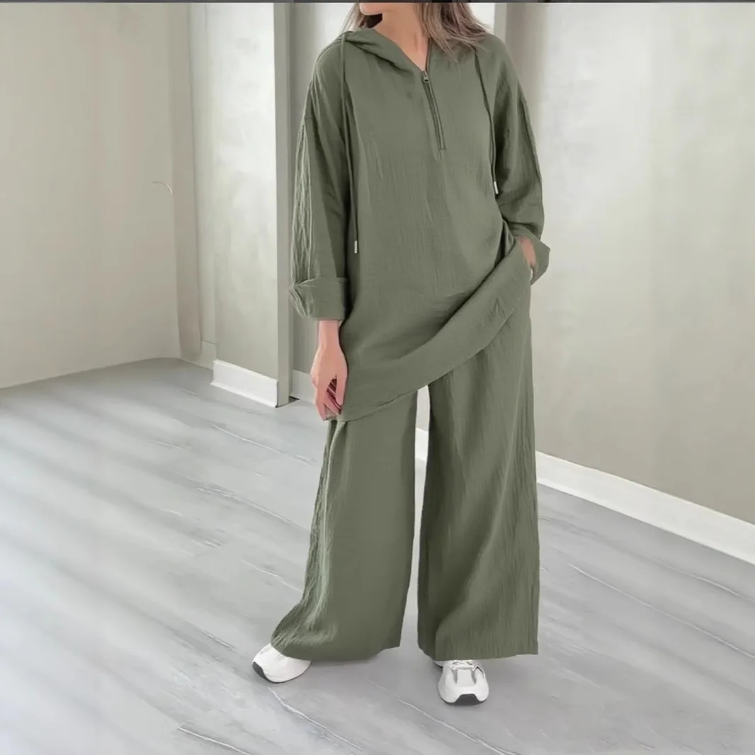 

Solid Zipper Hooded Long Sleeves Blouse Sets Women's Casual Top Straight Wide Leg Long Pants Suit 2025 New Autumn Commute Outfit