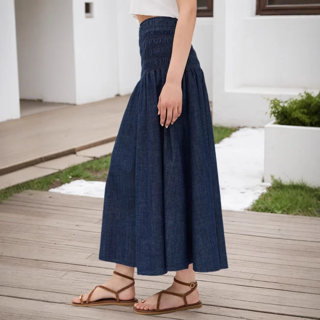 المرأة تقليد الدنيم ماكسي تنورة عالية الخصر Shirred Lmitation الدنيم ألف خط التنانير الطويلة عادية الصيف الربيع جان قيعان