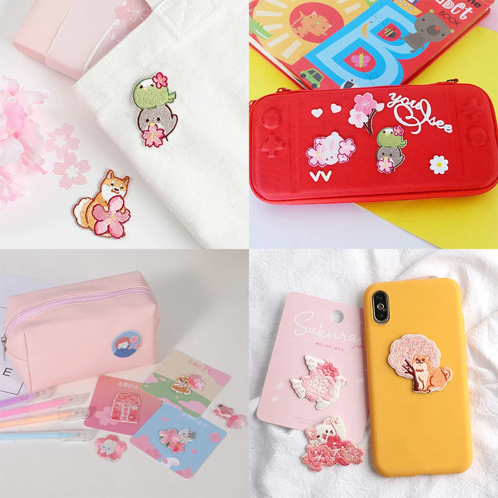 1 pezzo ricamo Sakura Series Animals Stick on Patch, zaino, decorazione, Dog Cat Pig Bird Stickers Applique fai da te