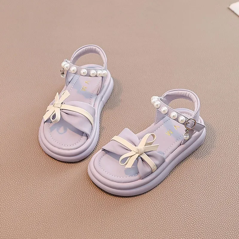 

New 2025 Pearl Girls' Shoes for Kids Summer Sandals Soft Flat Heels Beach Princess Beach Soft Bottom Fashion Bow Children's Shoe
