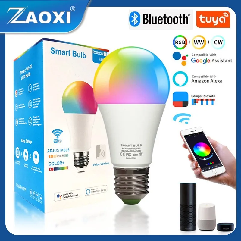 ZAOXI 9W Tuya Bluetooth Smart Light Bulb E27 220-240V Smart Dimming LED Lights Support Alexa Google Voice Assistant Control