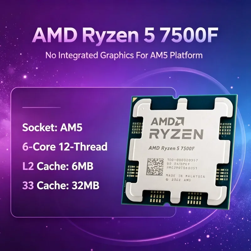 CPU AMD Ryzen 5 7500F Tray 6C12T 5.0GHz 32MB L3 AM5 100-000000597 Processor for PC Store