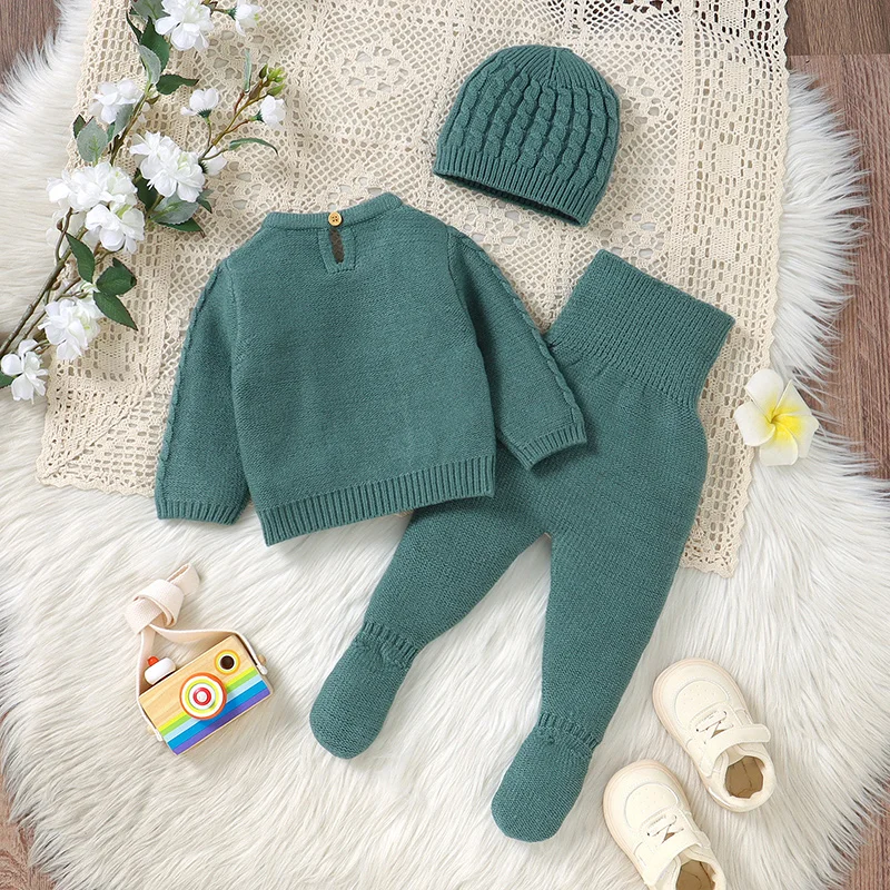 Newborn Baby Clothing Set Knit Toddler Pullover Trousers Bonnet 0-9M 3PCS Infant Boy Sweater +Pants +Hat Long Sleeve Warm Autumn