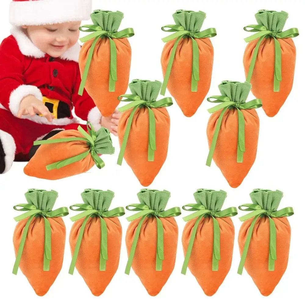 5/10pcs Velvet Gift Bags Carrot Shape Drawstring Baskets Snacks Cookies Candy Bags For 2024 Easter Party Weddings Gift Bags