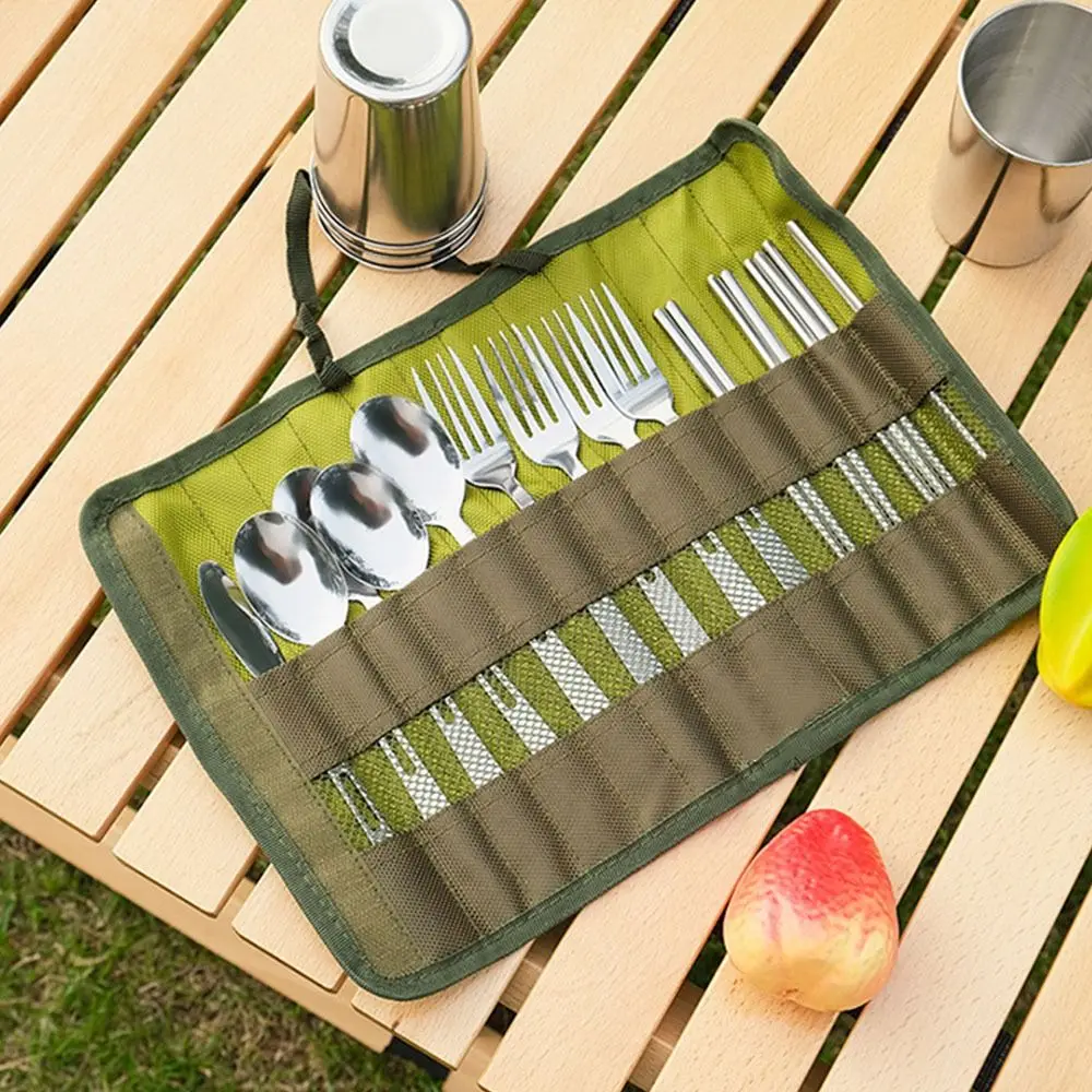 13Pcs/set Nylon Camping Cutlery Set Green Stainless Steel Tableware Utensil Kit Durable Fold Up Camping Flatware Hiking Utensils