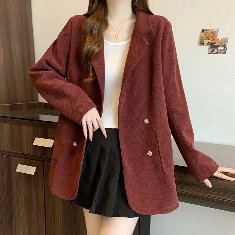 2024 Fall/Winter New Chubby Girl Plus Size Women's Suit Jacket Korean Style Design Corduroy Blazer Fashion Casual Lady Coat Top