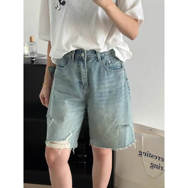 2026 New Plus Size Ripped Five-Point Denim Shorts for Women, High Waist, Loose, Slimming Straight-Leg Wide-Leg Mid-Length Pants