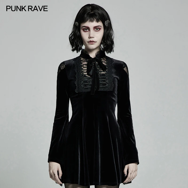 

PUNK RAVE Women Gothic Black Velvet Mini Dress Lace Trim Bell Sleeve Slim Fit Back Lace Up Goth Dress WQ516