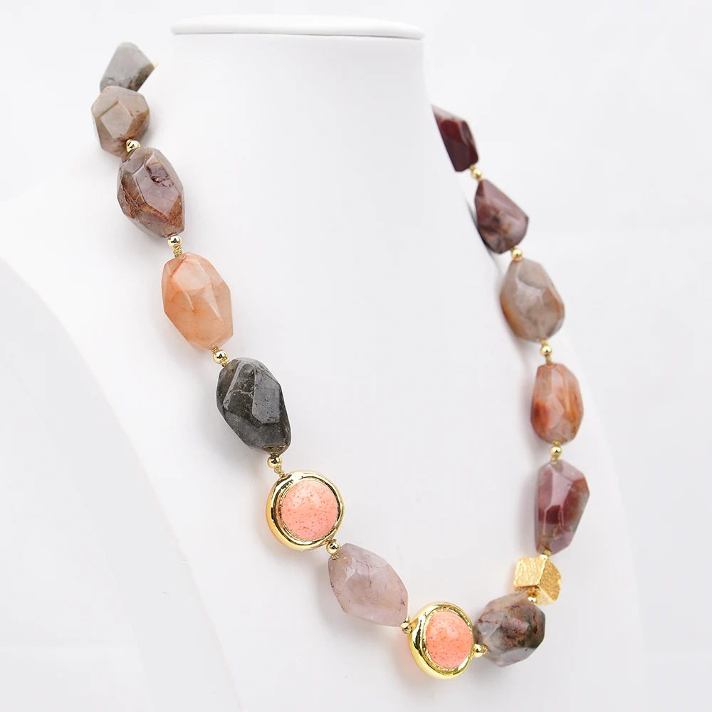 G-G Natural Mix Color Red Ghost Quartz Rabbit Hair Crystal Pink Sponge Coral Necklace 20'' Jewelry Gifts For Lady