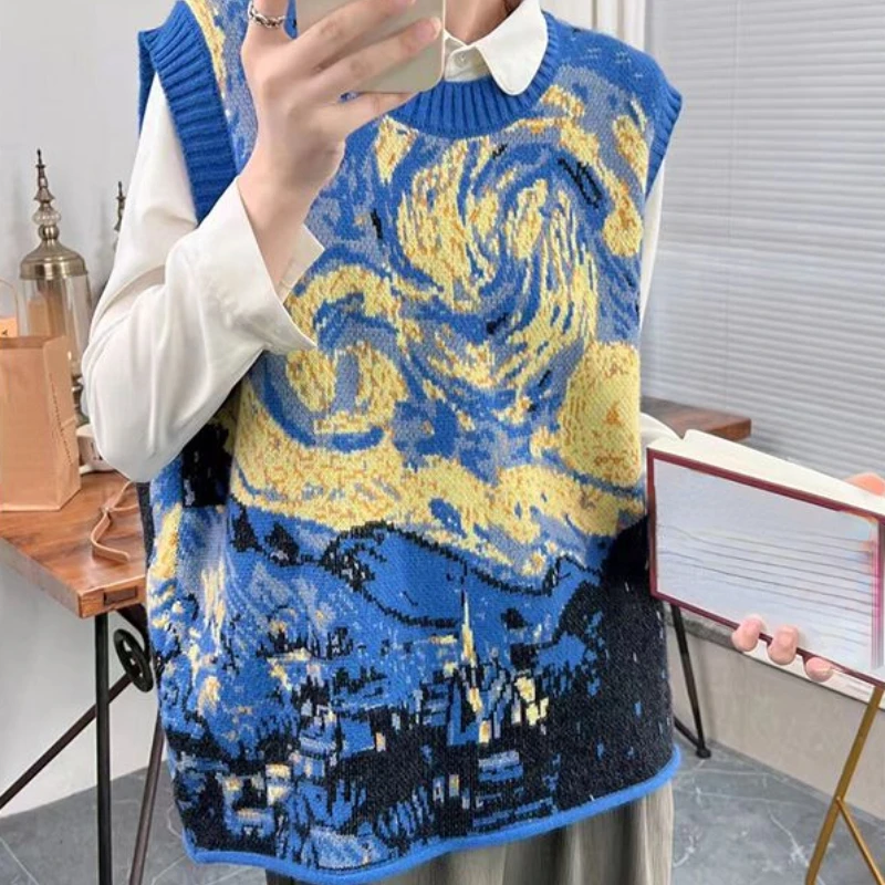 Fashion Vintage Pullovers for Women Jacquard Sleeveless Design Aesthetics Sweater Vest Loose Autumn Winter Lazy Style Clothing