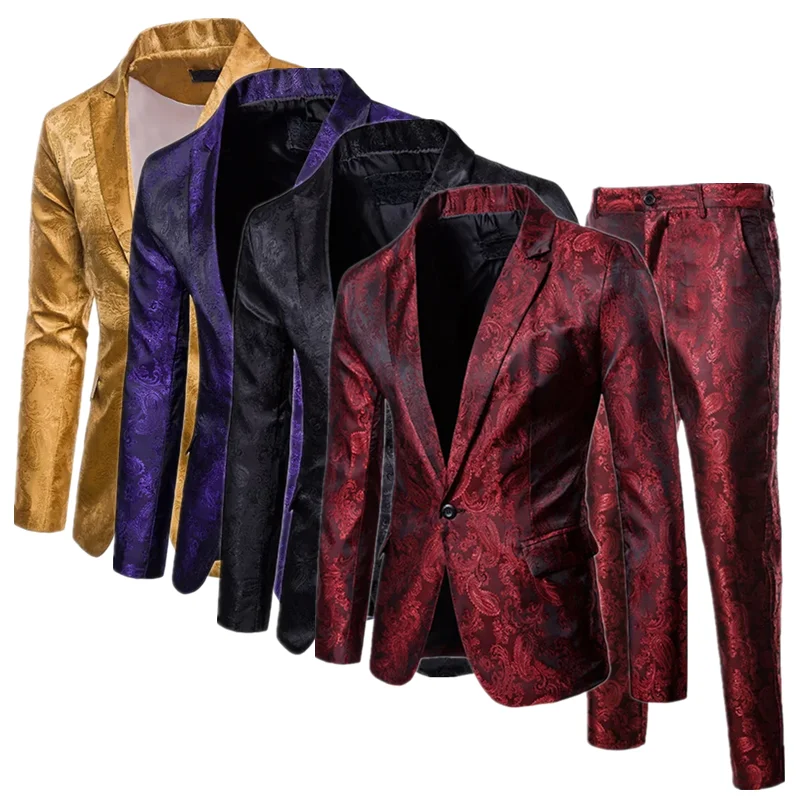 New Men Jacquard Suit Thin 2 Piece Set Wine Red / Black / Yellow Fashion Male Wedding Ball Party Dress Blazers and Trousers