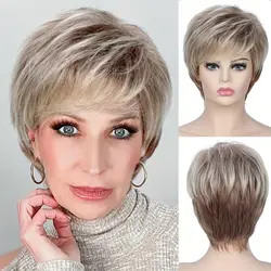 MSWIGS Parrucche da donna a taglio corto Parrucca sintetica bionda con frangia Capelli afro bicolore resistenti al calore marroni Ombre per donna Bianco