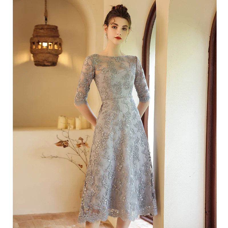 

Gray Lace Women Evening Dresses For Formal Party Elegant Scoop Neck A-Line Tea-Length Mother Of The Groom Dresses 2024