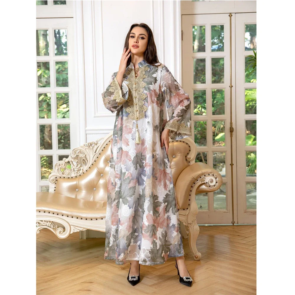 

2025 Eid Ramadan Print Abayas for Women Muslim Maxi Party Dress Marocain Kaftan Dubai Turkey Robe Gulf Jalabiya Islamic Clothing