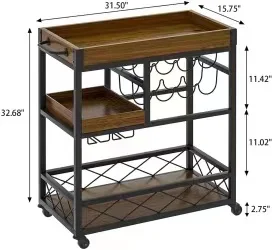 Industrial Kitchen Bar Serving Carts 3 Tier Storage Trolley with Wine Rack Glass Holder Rack for Kitchen Home