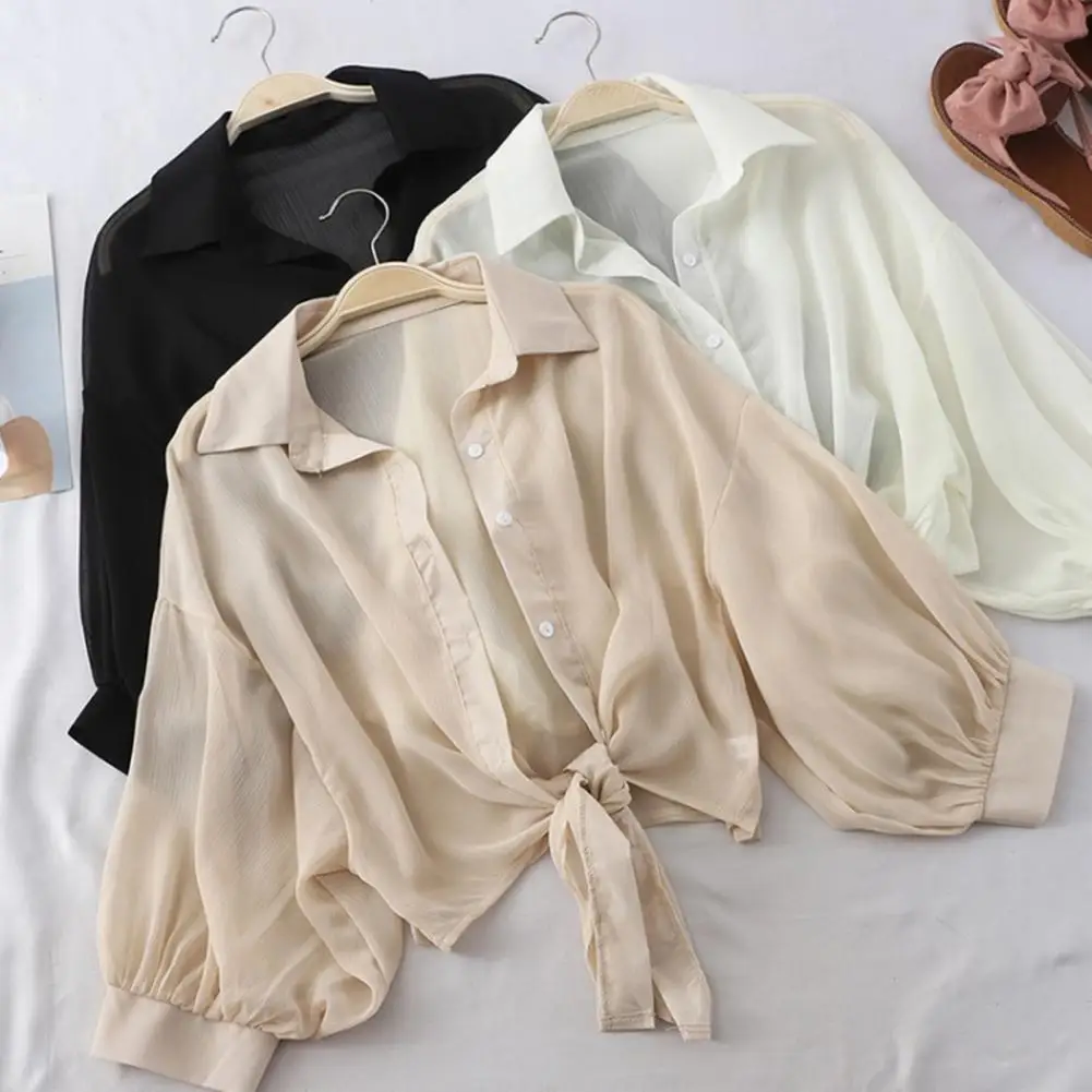 Blusa casual solta de chiffon feminina, cintura amarrada, manga de taqueta, camisa de botão, proteção solar, elegante verão