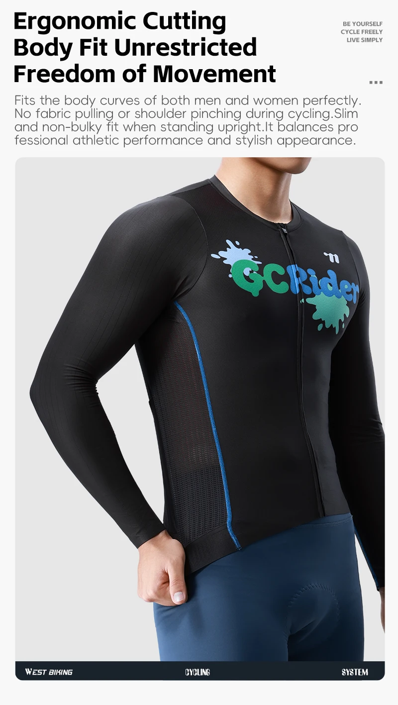 WEST BIKING Herren Fahrradtrikot Langarm Schnelltrocknend Atmungsaktiv Reflektierender Aufdruck Slim Fit Fahrradshirt Rennbekleidung Oberteil – Detail 10