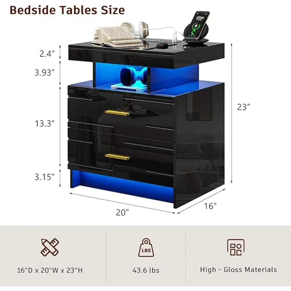 Wireless Charging Station ＆USB ＆Type-C Port, Smart Night Stand with Human Sensor 24 Colour Lights, Bed Table with 2 Drawers